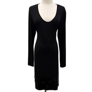 Clavin Klein Black Long Sleeve Midi Dress Sequin Hem 14 Cocktail Elegant Sexy
